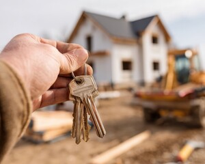 Hand Holding House Keys at New Construction Site