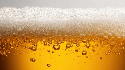 Close up of beer foam and bubbles on golden lager with white background.