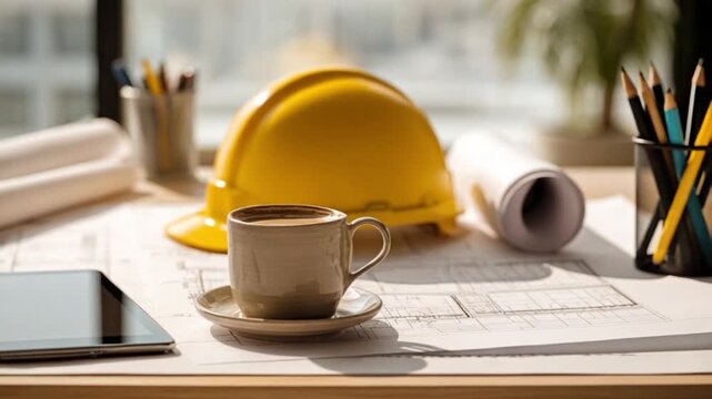 Architectural Desk: An architect's desk, brimming with blueprints, a hard hat, pencils, and a steaming cup of coffee, creating a professional still life image, a creative workspace.