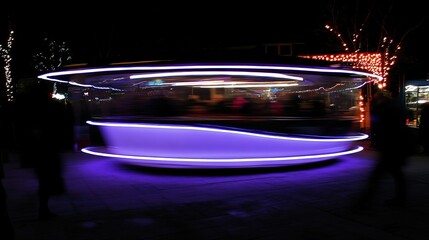 Night market carousel, purple lights, motion blur, festive