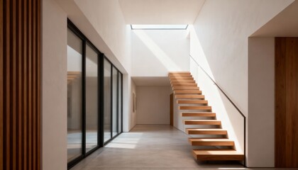 Modern staircase with oak steps under skylight in minimalist atrium 
