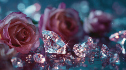 Beautiful roses and sparkling diamonds create stunning composition, evoking elegance and luxury. soft colors and glimmering reflections enhance romantic atmosphere