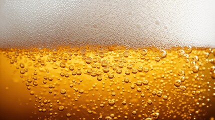Close-up of golden beer foam with bubbles isolated on transparent background, macro photography of frothy lager texture, detailed DSLR quality stock photo.