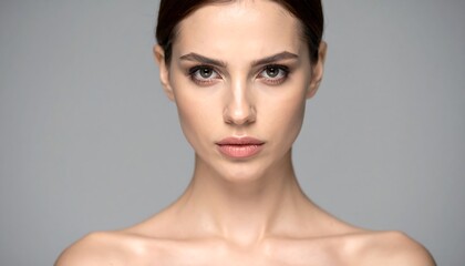 Woman with flawless skin, serious gaze