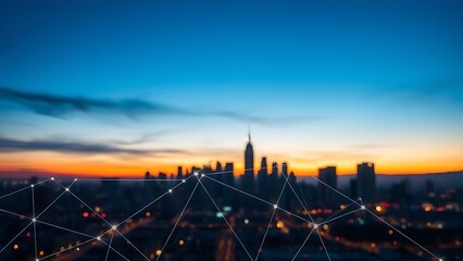 Abstract visualization of network connections with glowing light trails against a city skyline at dusk.