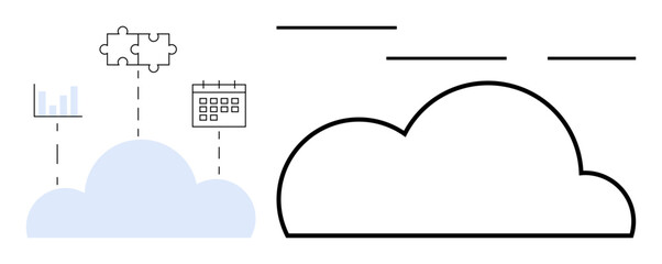 Cloud with puzzle piece, bar chart, and calendar icons highlighting teamwork, data analytics, and digital scheduling. Ideal for technology, collaboration, planning, innovation analysis strategy