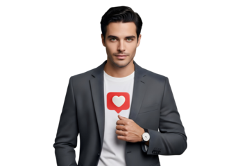 Social Media Influencer Man Red Heart Like Icon on T-Shirt Engagement Connection Romance Brand Ambassador Attractive Marketing Male Business Style