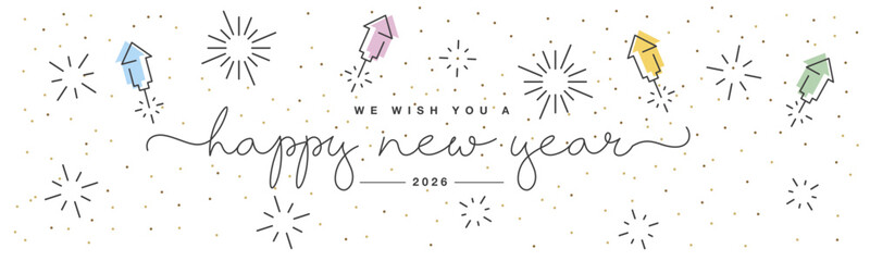 Happy new year 2026 party new thin line design handwritten typography lettering. 2026 celebration with big fireworks and confetti on a white background