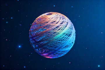 A colorful, intricate spherical structure floating in space with a starry background