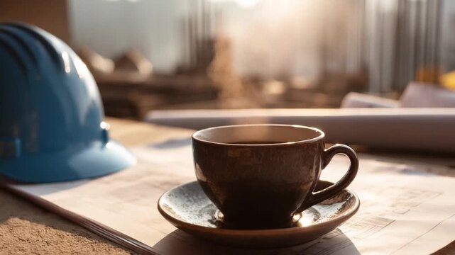 Coffee Break on Construction Site: A moment of respite is captured, featuring a steaming cup of coffee, a construction helmet, and architectural plans.