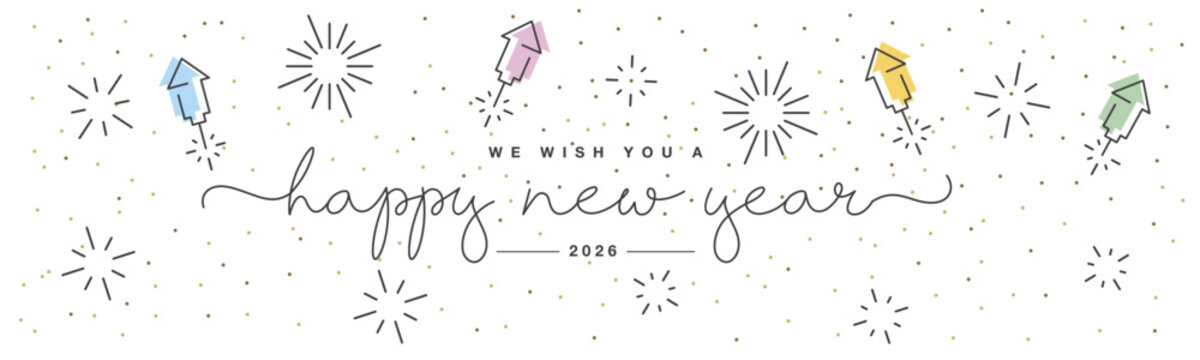 Happy new year 2026 party new thin line design handwritten typography lettering. 2026 celebration with big fireworks and confetti on a white background