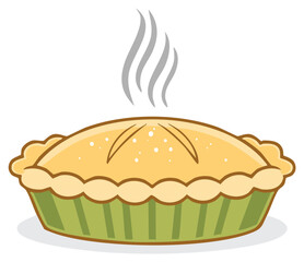 Cartoon illustration of a freshly baked pie with steam rising upwards, ready to eat.