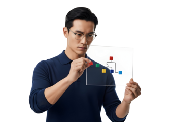 Asian Man Connecting Block Diagram on Transparent Board Business Strategy Creative Problem Solving Visualizing Concept Teamwork Structure