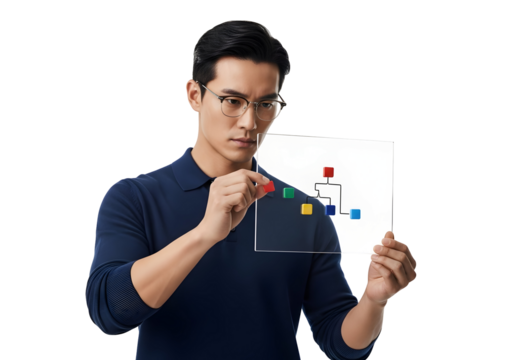 Asian Man Connecting Block Diagram on Transparent Board Business Strategy Creative Problem Solving Visualizing Concept Teamwork Structure - Powered by Adobe