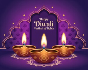 Illuminated diya lamps in silhouette against a decorative archway celebrating happy diwali festival of lights