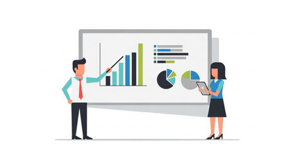 Fototapeta premium male and female characters analyzing bar charts and pie graphs on a whiteboard