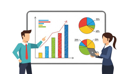 Fototapeta premium male and female characters analyzing bar charts and pie graphs on a whiteboard