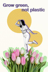 Pop sketch 3d image artwork collage of happy girl stand tulips bouquet celebration spring holiday grow green not plastic voluntary