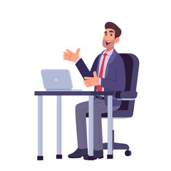 Happy businessman presenting at office desk vector illustration