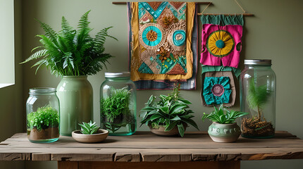 Bohemian Interior Decor Scene with Green Plants and Colorful Textured Wall Hangings