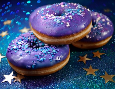 galaxy themed donuts with purple and blue icing sprinkled with edible stars arranged on a cosmic backdrop combining creative baking with a celestial theme