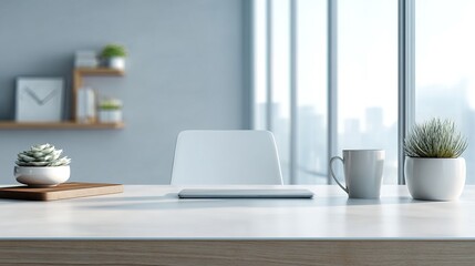 ergonomic. Minimalist modern desk with clean lines and soft natural lighting, showcasing a contemporary workspace. real-estate listings.