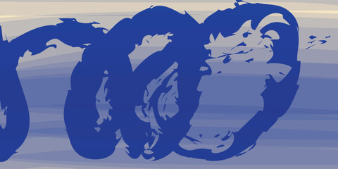 Grainy blue spiral brush strokes with spray texture. Hand drawn horizontal banner with thick blue curved brush strokes. Distress texture background with scattered tiny dots. Retro background.