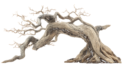 Gnarled ancient driftwood sculpture with twisted branches against black tree isolated on a transparent background