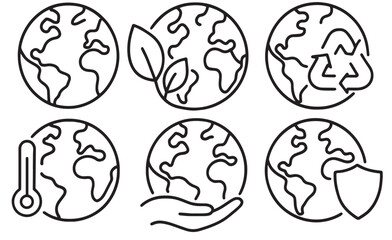 Minimal outline vector icon set of earth and nature protection. Includes globe with leaves, shield, and hand holding planet. Eco friendly, sustainability, renewable resources, save earth, 