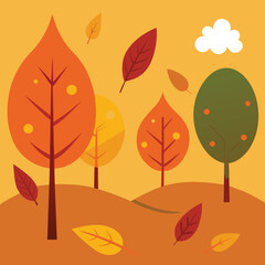 Stylized autumn falling leaves with trees in vibrant colors and graphic design elements