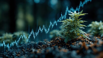 Vibrant cannabis seedling thrives alongside upward trending financial stock graph symbolizing growth and investment opportunities in the industry