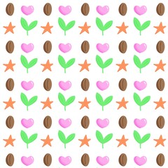 Seamless pattern of pink heart, orange star, coffee bean and young tree, suitable to use as a background