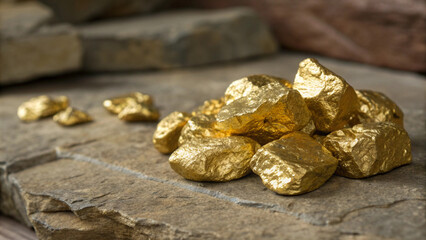 Pile of glowing gold nuggets with reflective luster placed on stone surface, representing luxury, rarity, and prosperity."