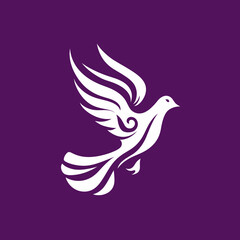 Fototapeta premium White bird with stylized wings on a purple background, flying upwards