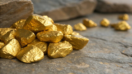 Glittering gold pieces displayed on rugged stone, shining with metallic beauty and symbolizing natural prosperity and fortune."
