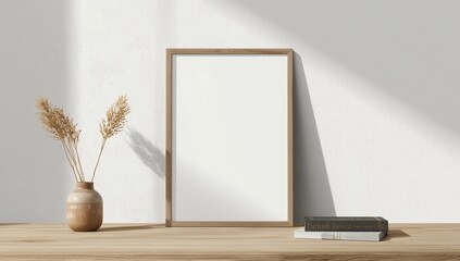 Interior Frame Mockup with wooden frame, vase and books