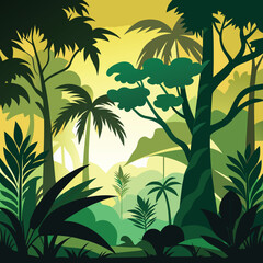 Abstract silhouettes of lush jungle plants and trees in vibrant colors