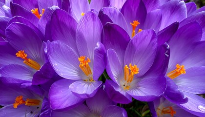 Close-up of vibrant purple crocus flowers in full bloom, showcasing delicate petals and yellow stamens, evoking spring