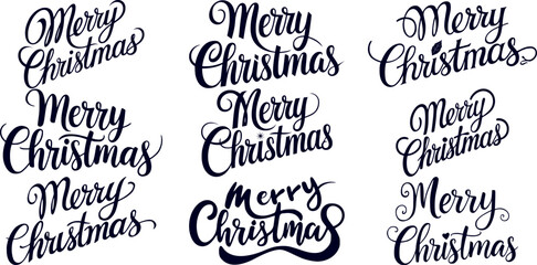 Creative Merry Christmas text designs featuring Lettering Set. Perfect for festive greeting cards, posters, and seasonal decor.