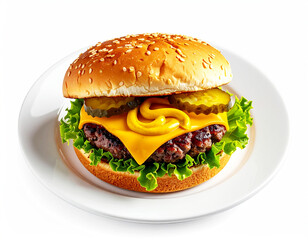 Simple cheeseburger, beef patty, cheese, pickles and mustard, white plate. AI