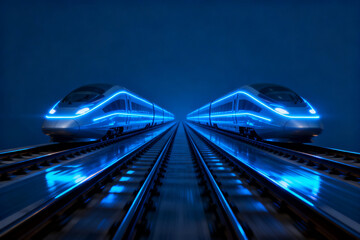 Two futuristic high-speed trains approaching on parallel tracks with blue neon lighting at night