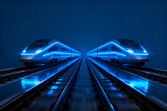 Two futuristic high-speed trains approaching on parallel tracks with blue neon lighting at night