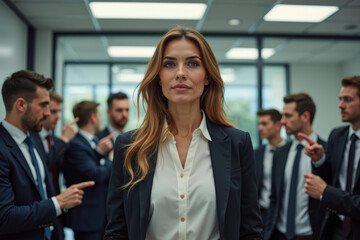 Strength Exuded: A Woman Standing Tall in the Office Amidst Whispers and Pointing Male Coworkers