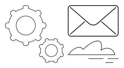 Two gears, a mail envelope, and a cloud suggest process automation, digital communication, and cloud storage. Ideal for technology, business, email marketing, process optimization collaboration