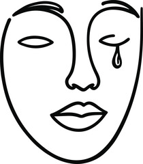 Single continuous line face, half-smile and tear, black and white vector line art, bold clean outline, no shading, flat white background, abstract emotional style