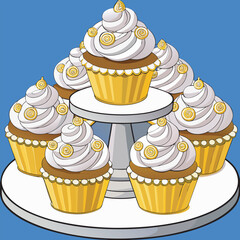 Seven cupcakes with white frosting on a cake stand
