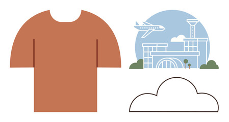 Airplane flying over modern airport terminal, minimal cloud illustration, and simple orange shirt silhouette. Ideal for air travel, tourism, fashion, simplicity, lifestyle, branding creativity flat