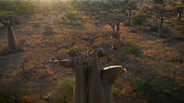 Baobab Tree Aerial Spiral Over Sahel Grove in Golden Evening Light, Expanding Altitude Across Sparse Ochre Landscape