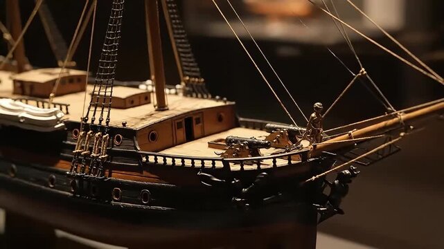 Detailed historic wooden sailing ship model on display in a museum showcasing intricate craftsmanship rigging cannons and deck features of an ancient vessel