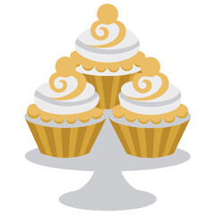 Three cupcakes with white frosting and yellow accents on a cake stand